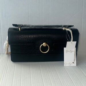 Jessica Simpson Black Croc-Embossed Crossbody Bag with Gold Ring
